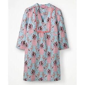 Boden Pineapple Print Linen Tunic Dress Blue Pink Pom Pom Trim W0294 US 12L